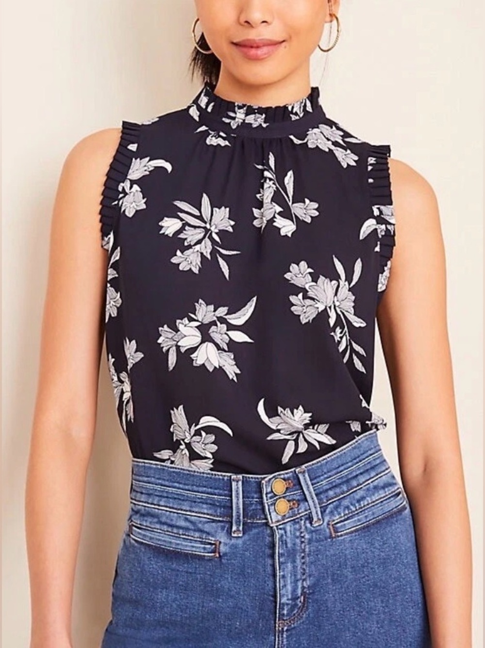 Ann Taylor Navy Floral Blouse, Size S
